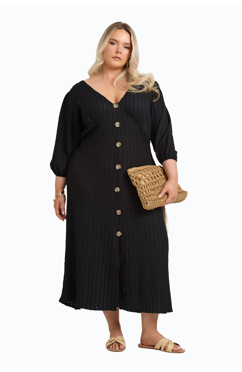 FASHION-SZN CURVE Balloon Sleeve Button Front Midi Dress, Main, color, Black