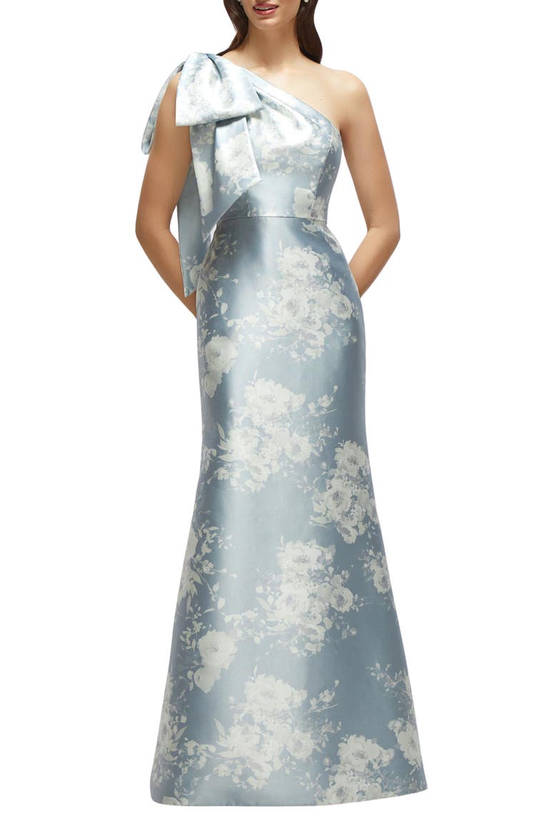 Bow Shoulder Satin Twill Mermaid Gown, Main, color, SERAPHINA FLORAL