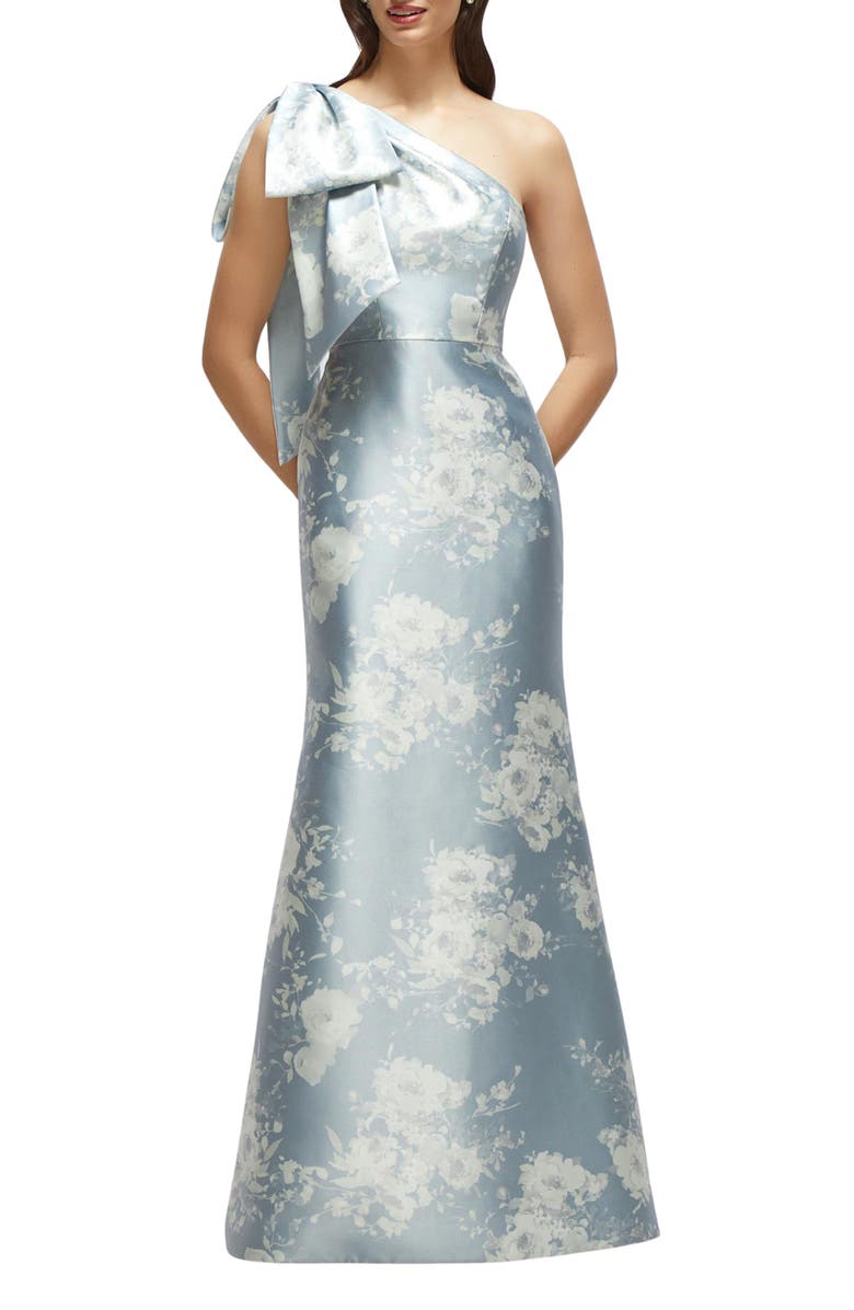 Alfred Sung Bow Shoulder Satin Twill Mermaid Gown, Main, color, Seraphina Floral