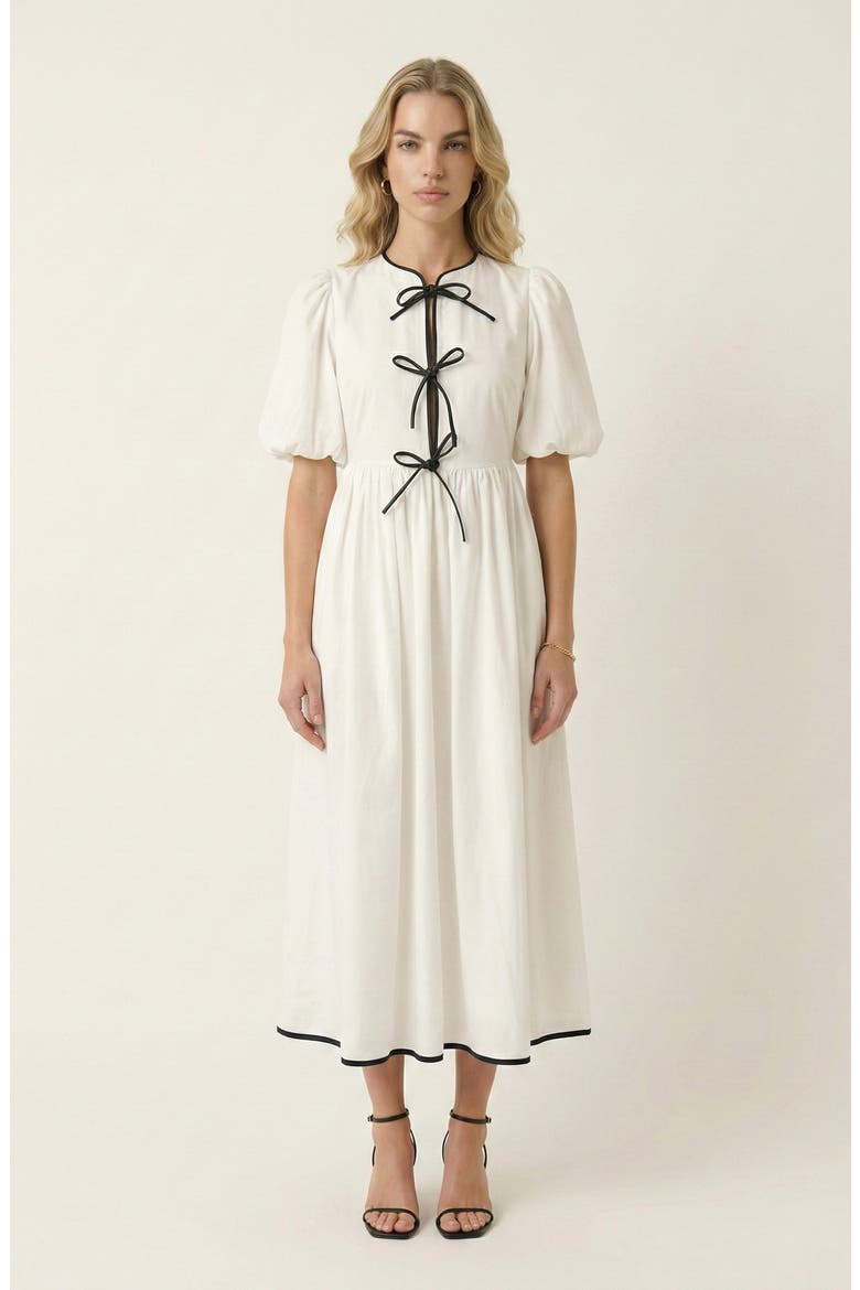 Puff Sleeve Midi Dress with Tiered Front Ties and Contrast Trim, Main, color, White / Black Trim