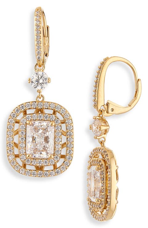 Cubic Zirconia Double Halo Drop Lever Back Earrings