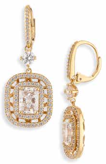 Nadri Cubic Zirconia Double Halo Drop Lever Back Earrings