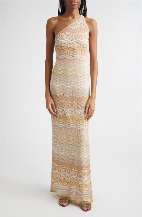 Zigzag One-Shoulder Column Gown