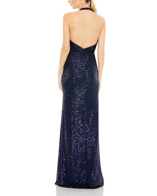 Mac Duggal Sequined Halter Strap Plunge Neck Gown