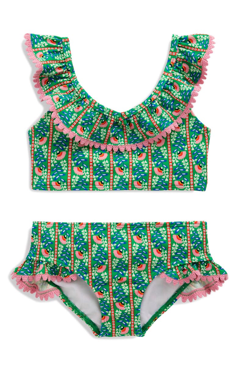 Mini Boden Kids' Frill Two-Piece Swimsuit, Main, color, Bright Green Floral Vine