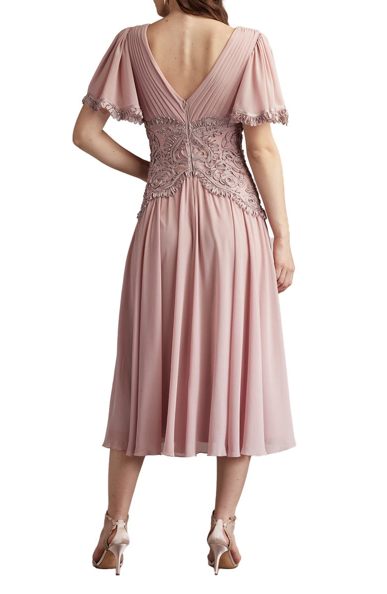 Tadashi Shoji Scroll Detail Flutter Sleeve Cocktail Midi Dress, Alternate, color, Pebble