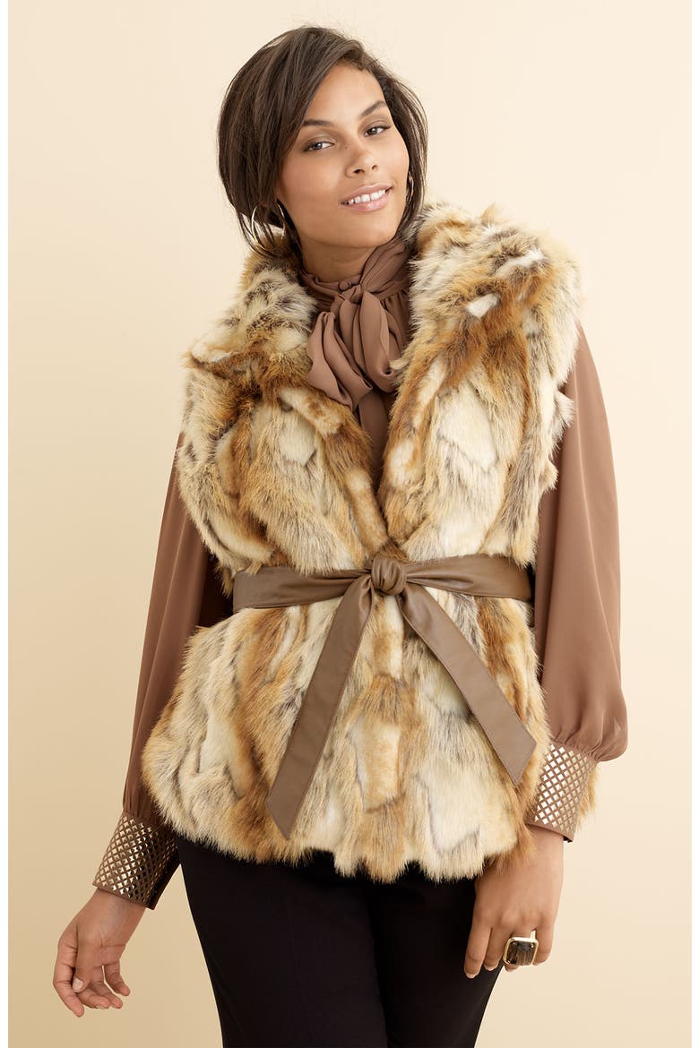 Belted Faux Fur Vest, Alternate, color, CAMEL