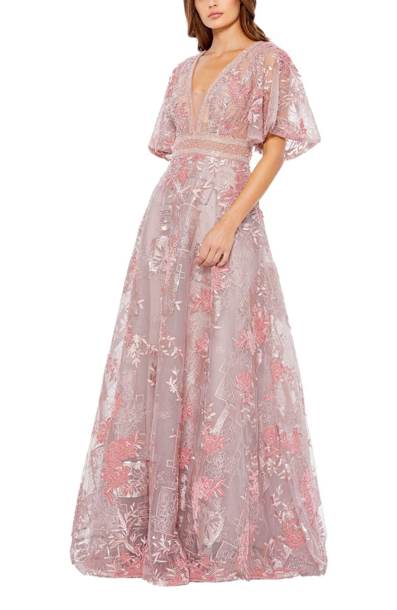 Mac Duggal Embroidered Flounce Sleeve A-Line Gown, Main, color, Pink