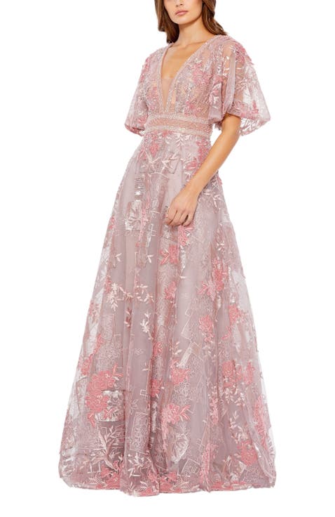 Embroidered Flounce Sleeve A-Line Gown