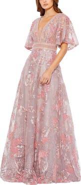 Mac Duggal Embroidered Flounce Sleeve A-Line Gown