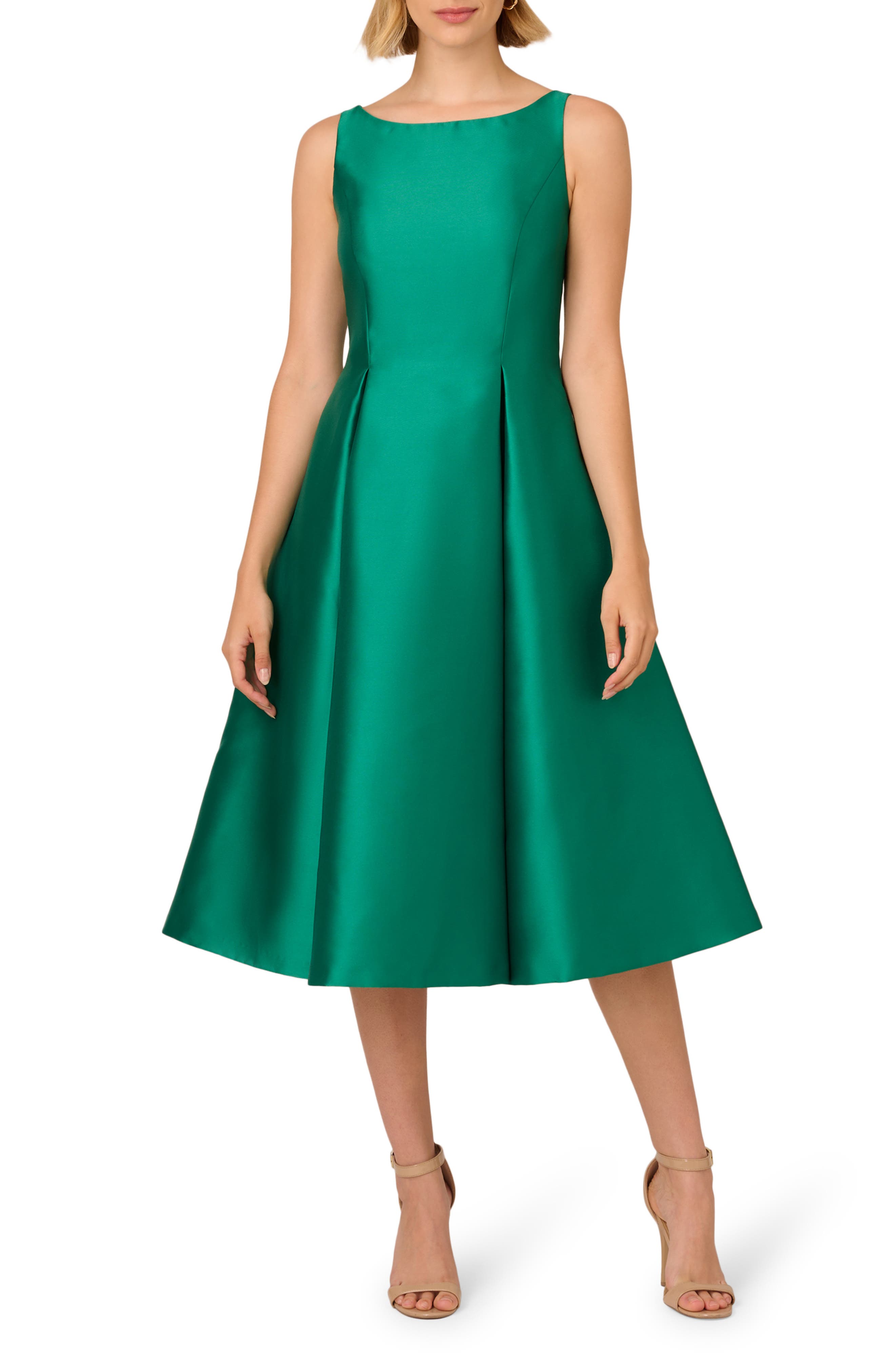 Adrianna Papell Sleeveless Mikado Fit & Flare Midi Dress in Vivid Emerald 
