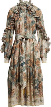 KOBI HALPERIN Amanda Floral Print Tie Waist Long Sleeve Midi Dress