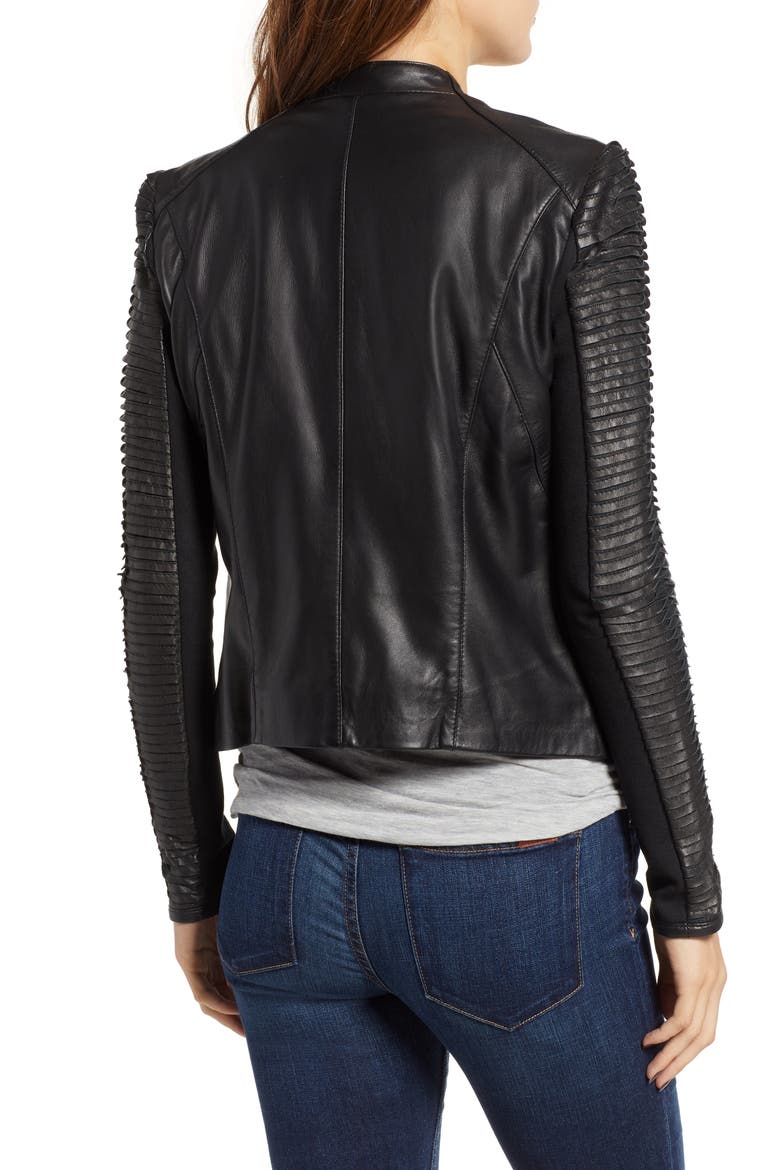 Collarless Pleated Sleeve Leather Jacket, Alternate, color, BLACK