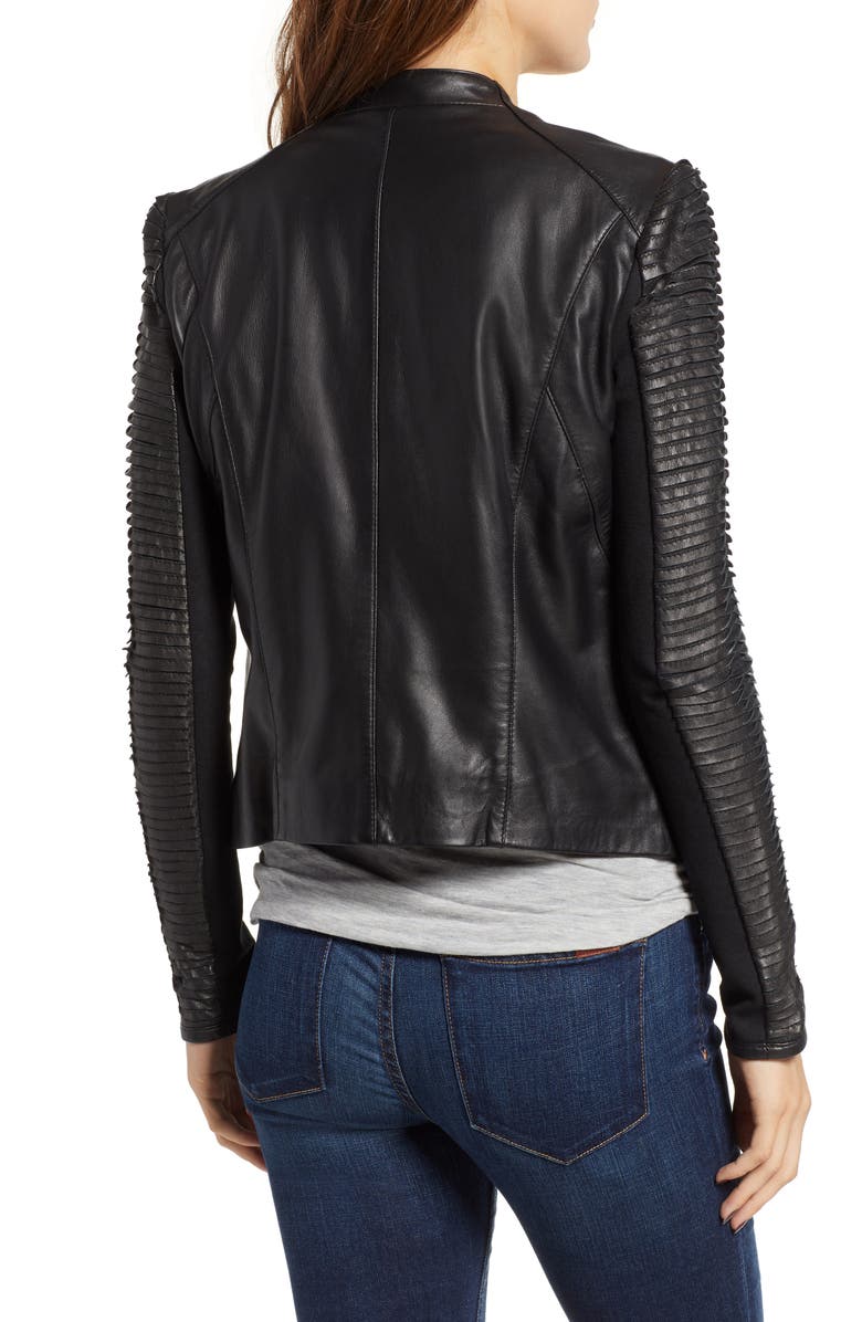 LAMARQUE Collarless Pleated Sleeve Leather Jacket, Alternate, color, 
