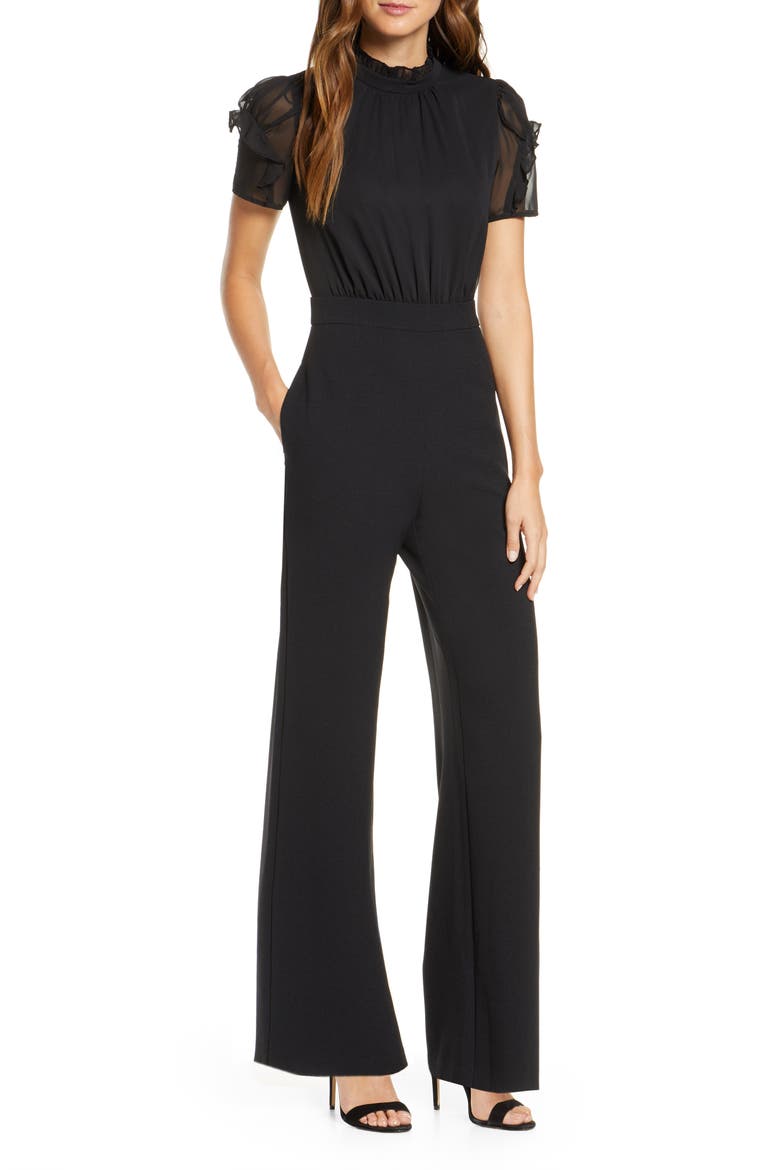 Chiffon & Crepe Jumpsuit, Main, color, BLACK