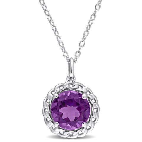 Amethyst Halo Link Pendant Necklace Sterling Silver