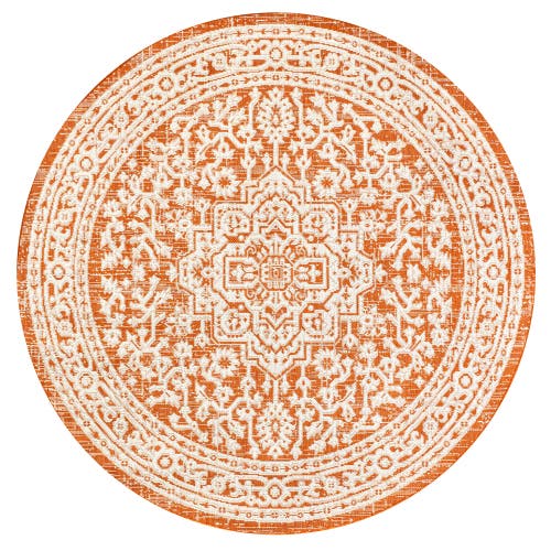 Jonathan Y Sinjuri Medallion Textured Weave Indoor/outdoor Round Area Rug In Orange/cream
