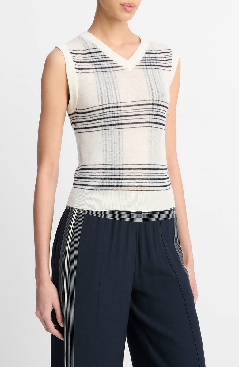 Vince Plaid V-Neck Wool Sweater Vest, Alternate, color, Off White/Coastal