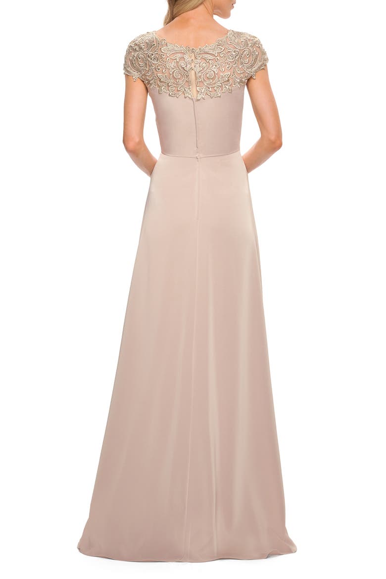 Jersey Gown with Full Skirt and Lace Detail Top, Alternate, color, CHAMPAGNE