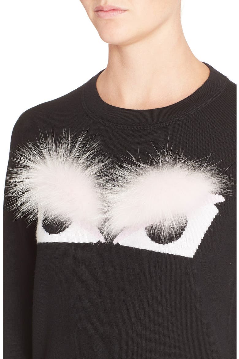 'Buggie' Genuine Fox Fur Trim Wool Sweater, Alternate, color, BLACK