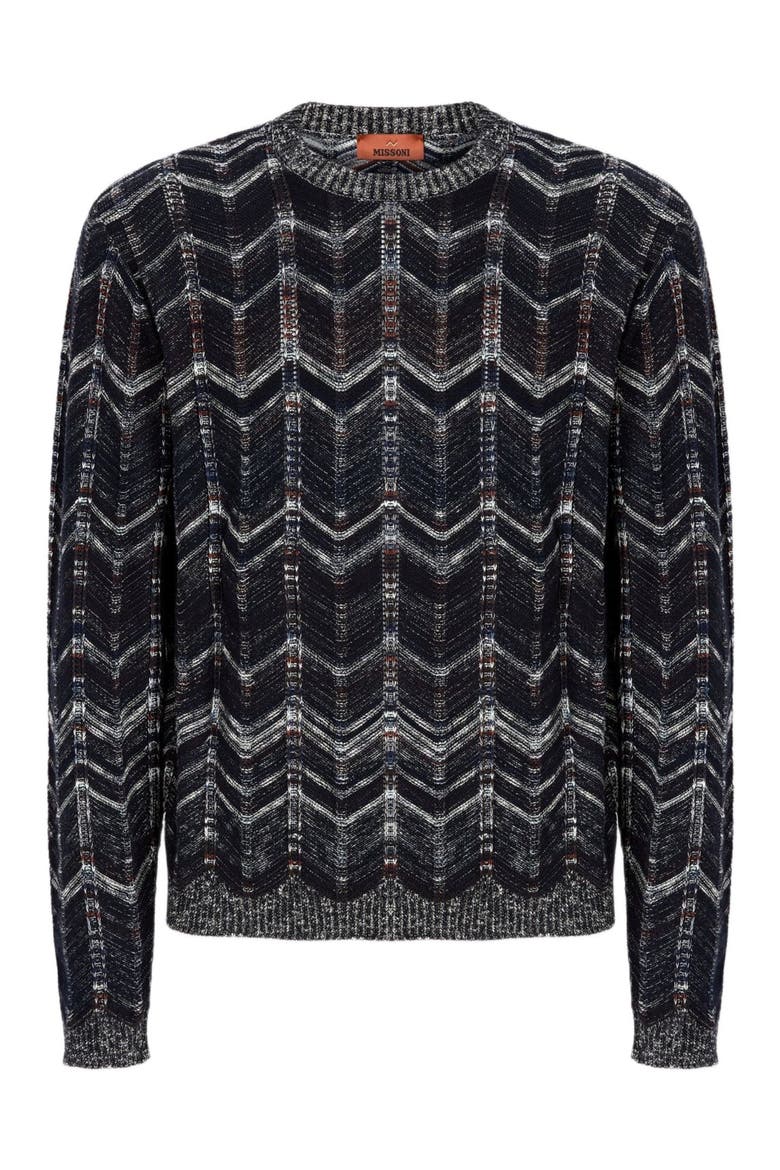 Crew-neck Cotton Chevron Pullover With Ribbed Trims, Alternate, color, Blue