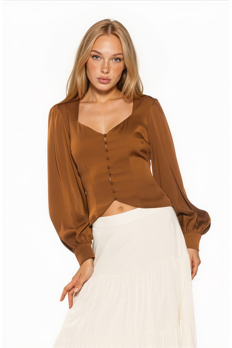 Romy Sweetheart Neck Button-Up Shirt, Alternate, color, BROWN