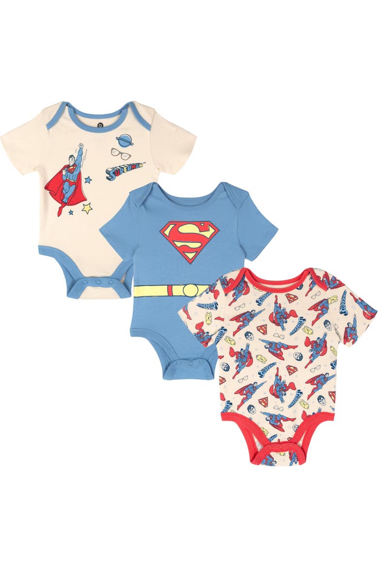 Justice League 3-Pack Short Sleeve Bodysuits, Main, color, Superman Blue Ivory