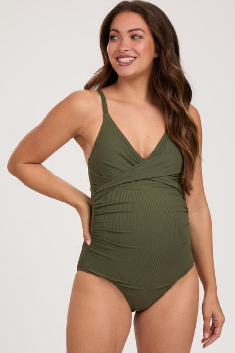 Ribbed V-Neck Ruched Back Cut-Out One Piece Swimsuit