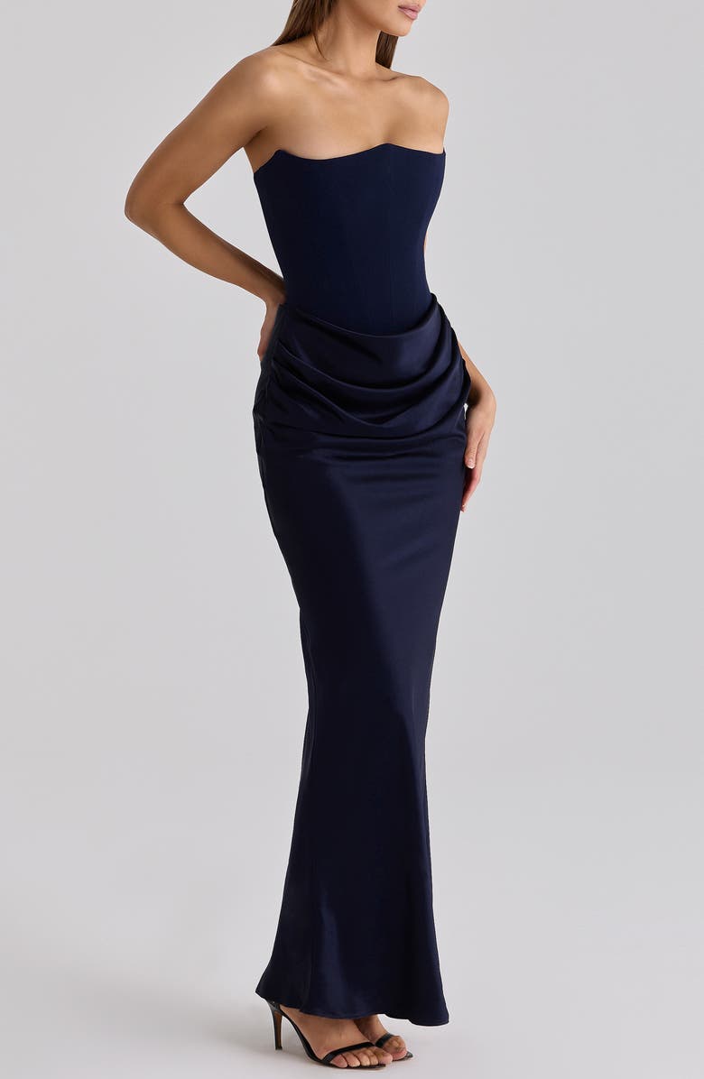 HOUSE OF CB Persephone Strapless Corset Satin & Stretch Crepe Mermaid Gown, Alternate, color, Navy