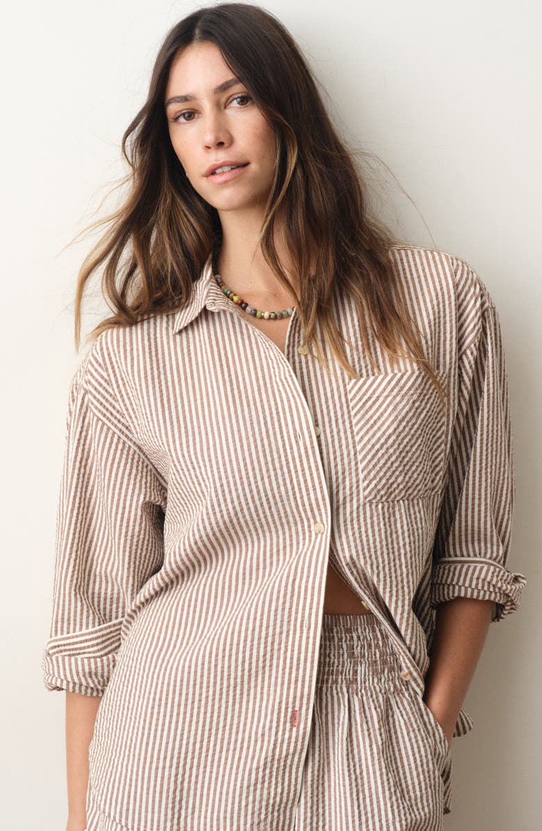 Marine Layer Gracey Stripe Oversize Cotton & Kapok Seersucker Button-Up Shirt, Alternate, color, Mocha Stripe