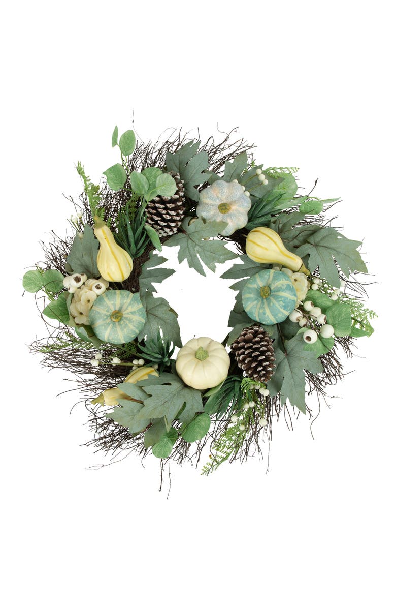 Northlight Pumpkins, Gourds and Pinecones Artificial Fall Harvest Twig Wreath - 22", Main, color, Green