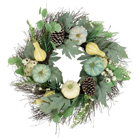 Pumpkins, Gourds and Pinecones Artificial Fall Harvest Twig Wreath - 22"