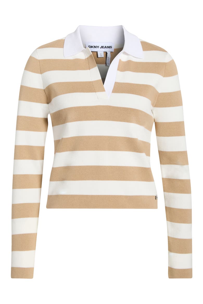 Striped Long Sleeve Polo Sweater, Alternate, color, TRAVERTINE/IVORY