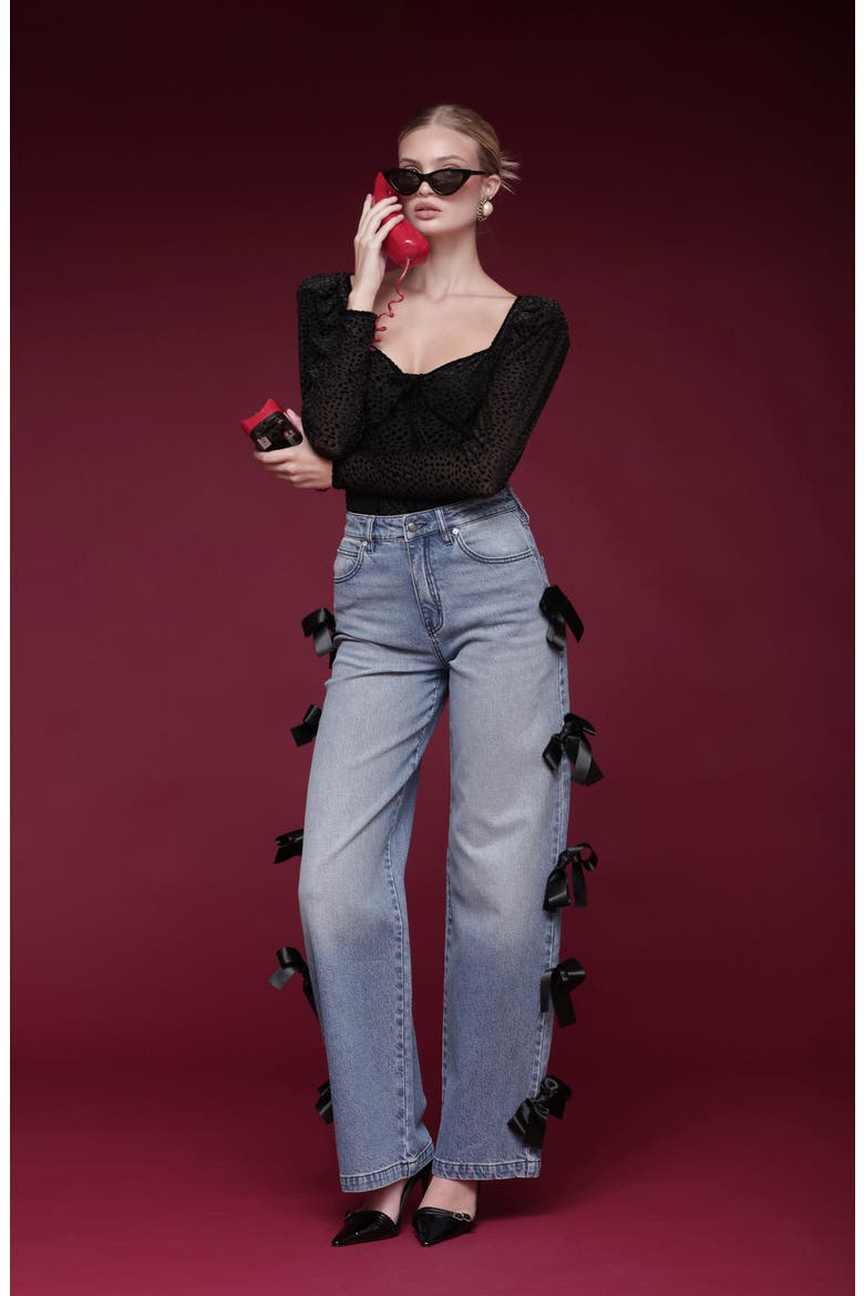 Bow Detail High Waist Jeans, Alternate, color, HAZEL WASH