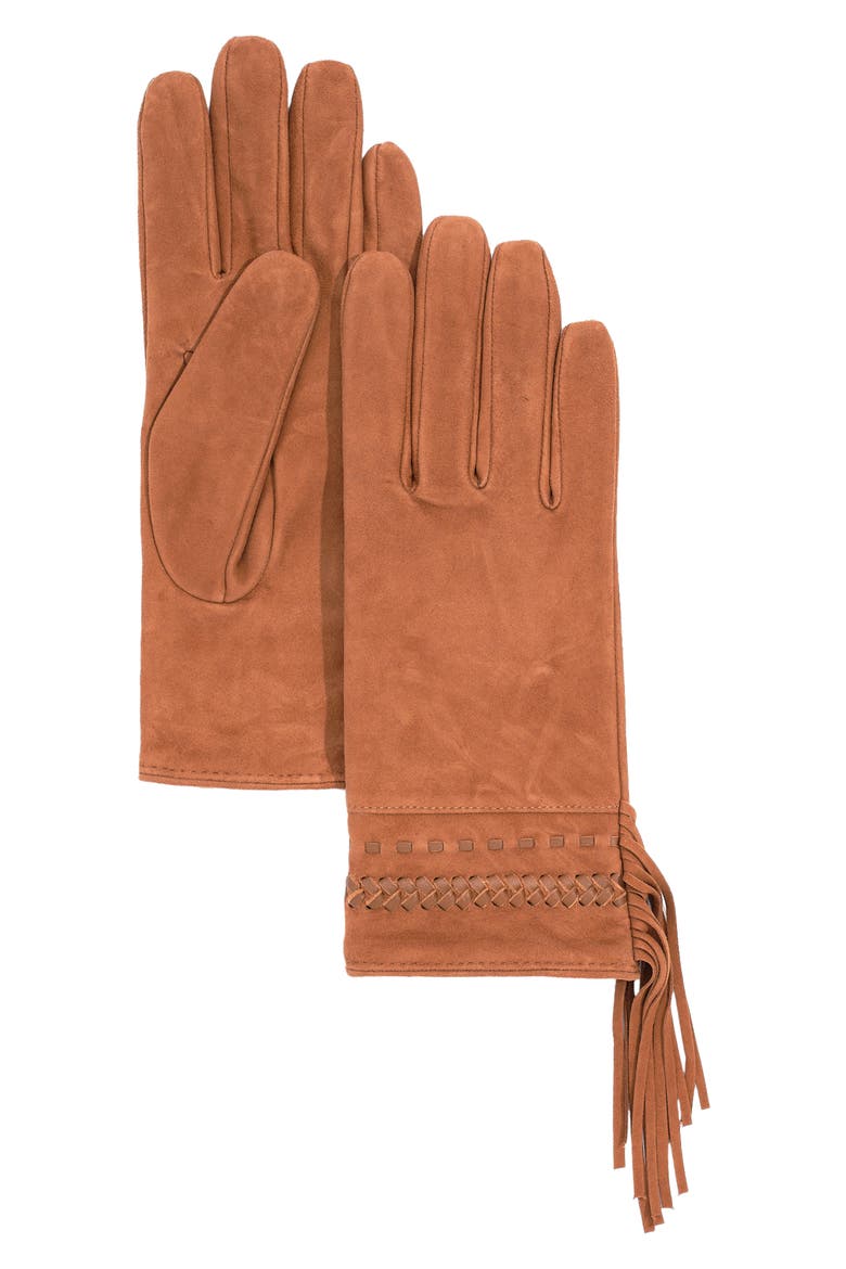 Laced Fringe Suede Gloves, Alternate, color, TOBACCO