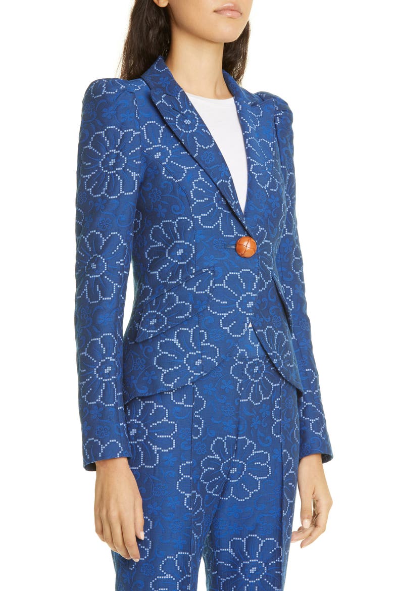 Abstract Floral Puff Sleeve Blazer, Alternate, color, INDIGO FLORAL