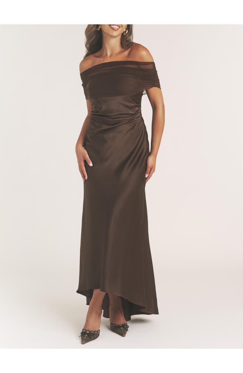 Six Stories Bardot Detail Satin Midaxi Dress, Alternate, color, Mocha