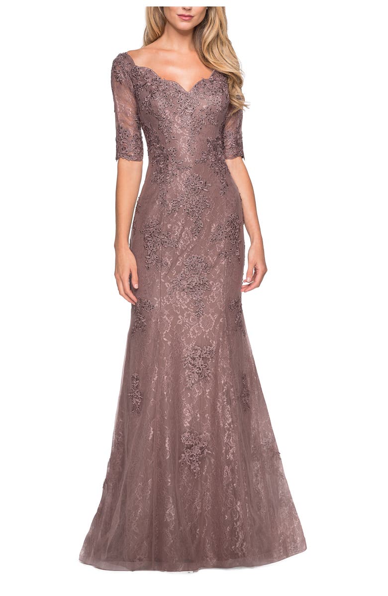 La Femme Floor Length Lace Dress with Rhinestone Accents, Main, color, Cocoa