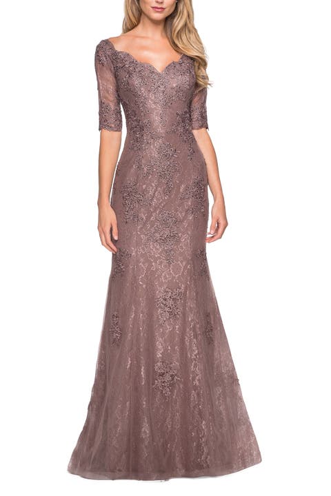 Floor Length Lace Dress with Rhinestone Accents