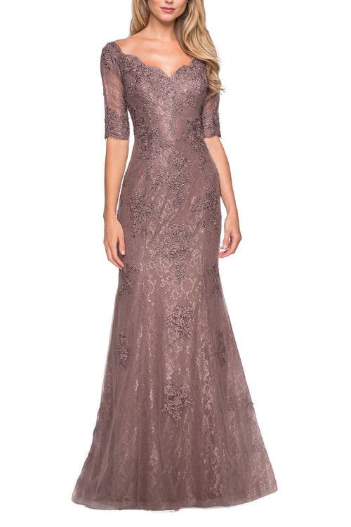 La Femme Floor Length Lace Dress With Rhinestone Accents In Cocoa