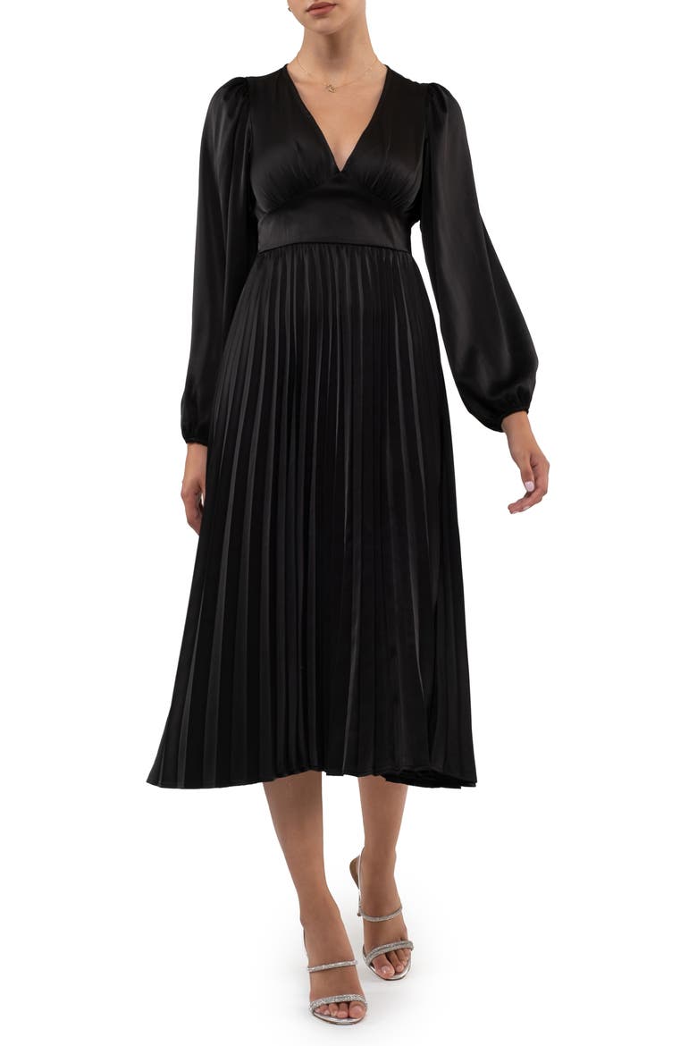 Empire Waist Pleated Satin Midi Dress, Main, color, BLACK