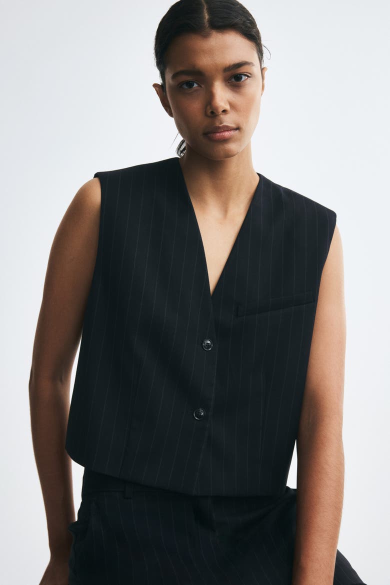 Cropped Twill Vest, Alternate, color, Navy blue/pinstriped