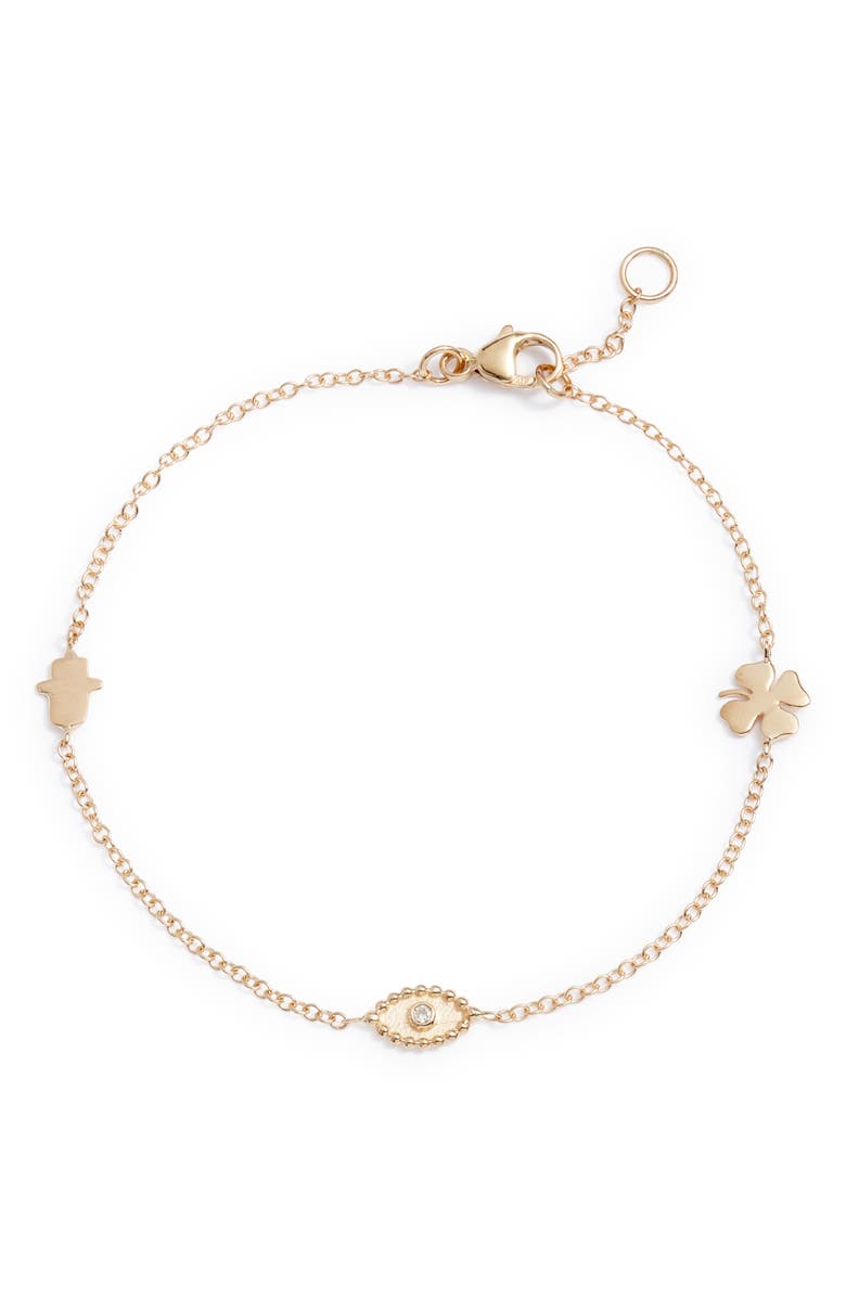 Anzie Dewdrop Diamond Good Luck Charm Bracelet, Main, color, Gold/ Diamond