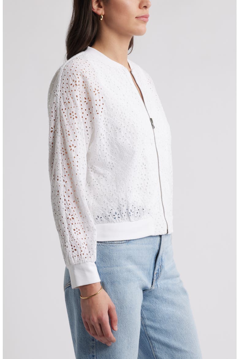 Embroidered Eyelet Cotton Zip-Up Bomber Jacket, Alternate, color, WHITE