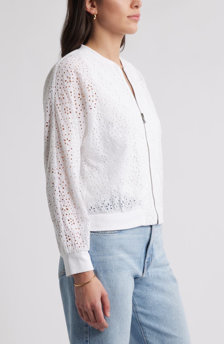 Caslon<sup>®</sup> Embroidered Eyelet Cotton Zip-Up Bomber Jacket, Alternate, color, White