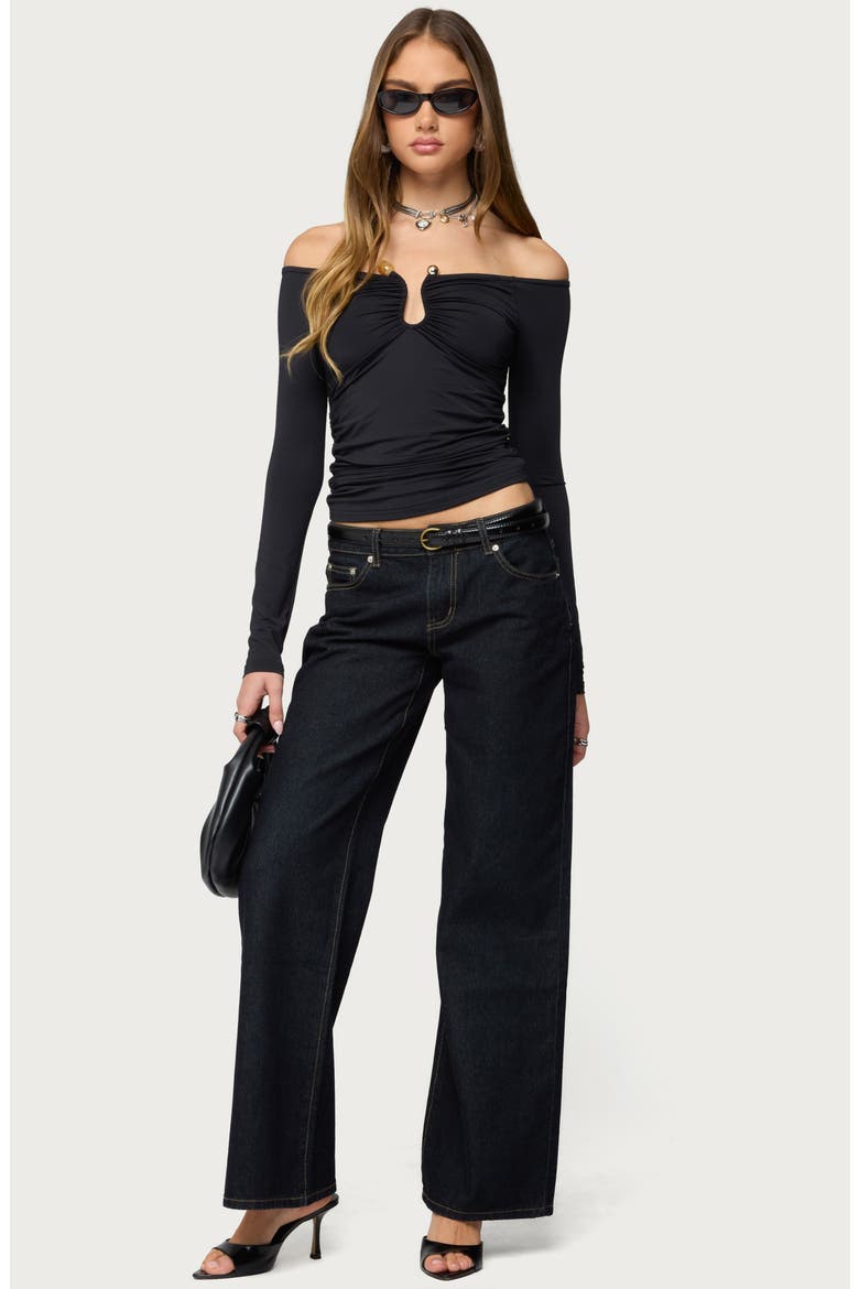 Halle Abstract Wavy Hardware Off the Shoulder Top, Alternate, color, BLACK