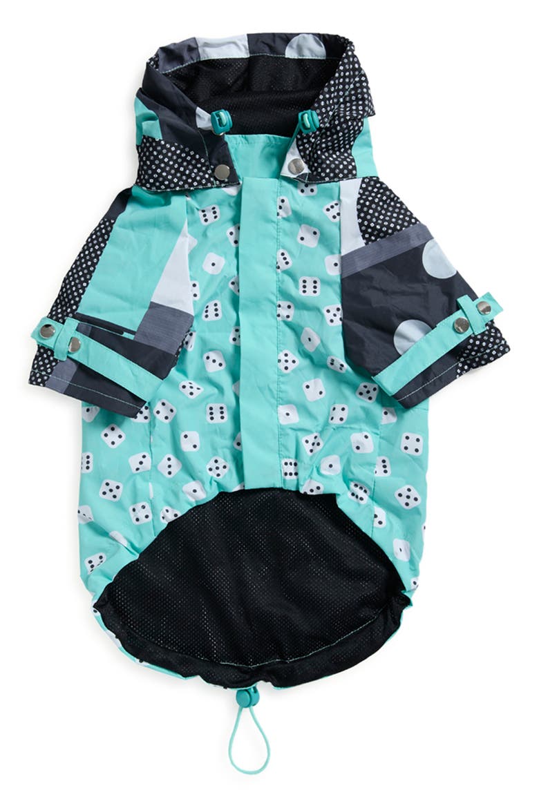 x Marc Jacobs Talon Water Repellent Dog Raincoat, Alternate, color, AQUA / BLACK