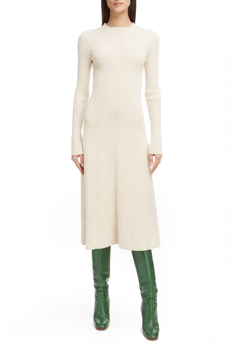 Long Sleeve Fit & Flare Sweater Dress, Main, color, BISCUIT/ LEMON