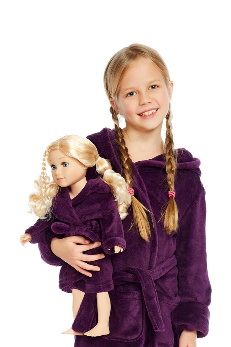 Girls Fleece Hooded Robe with Matching Doll Robe, Alternate, color, Purple