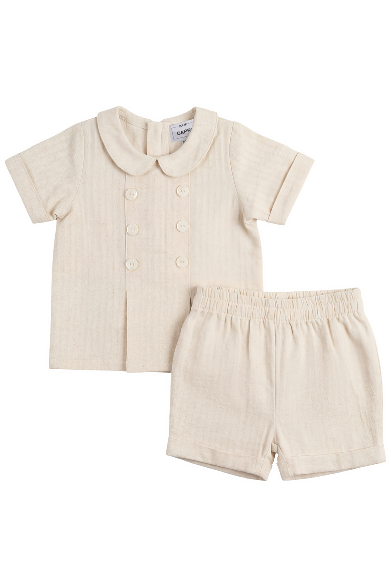 Boy Double Breasted Linen Short Sleeve Top & Elastic Waist Shorts Set, Main, color, Linen